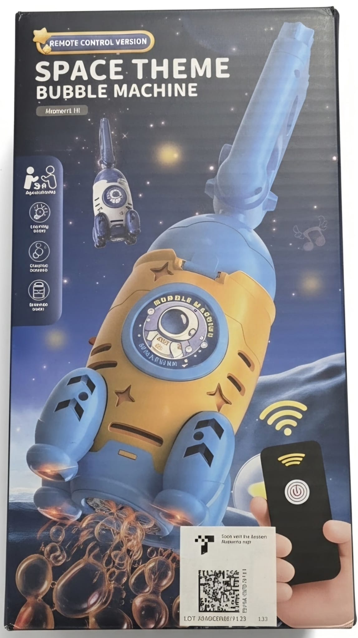 Space Theme Remote Control Bubble Machine Gun-Automatic Rocket Bubble Blower with LED Lights, Music, Rechargeable Battery, Bubble Solution