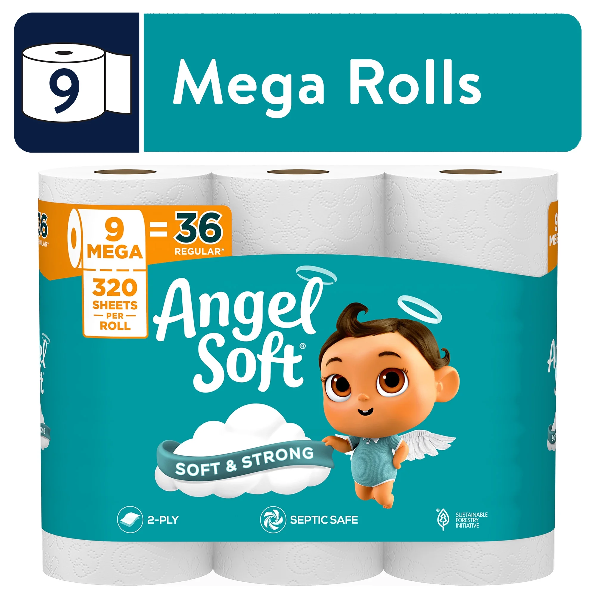 Angel Soft 2-Ply Toilet Paper, 9 Mega Rolls, 320 Sheets per Roll